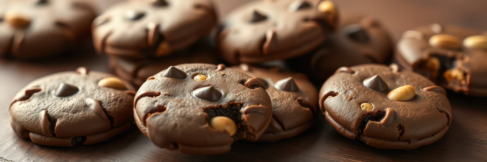 Delicious chocolate cookies with nuts arranged on a wooden surface ready for serving